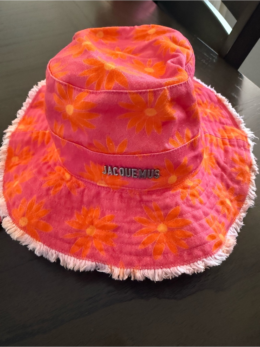 Jacquemus Kids Pink Bucket Hat with Orange Daisy Print